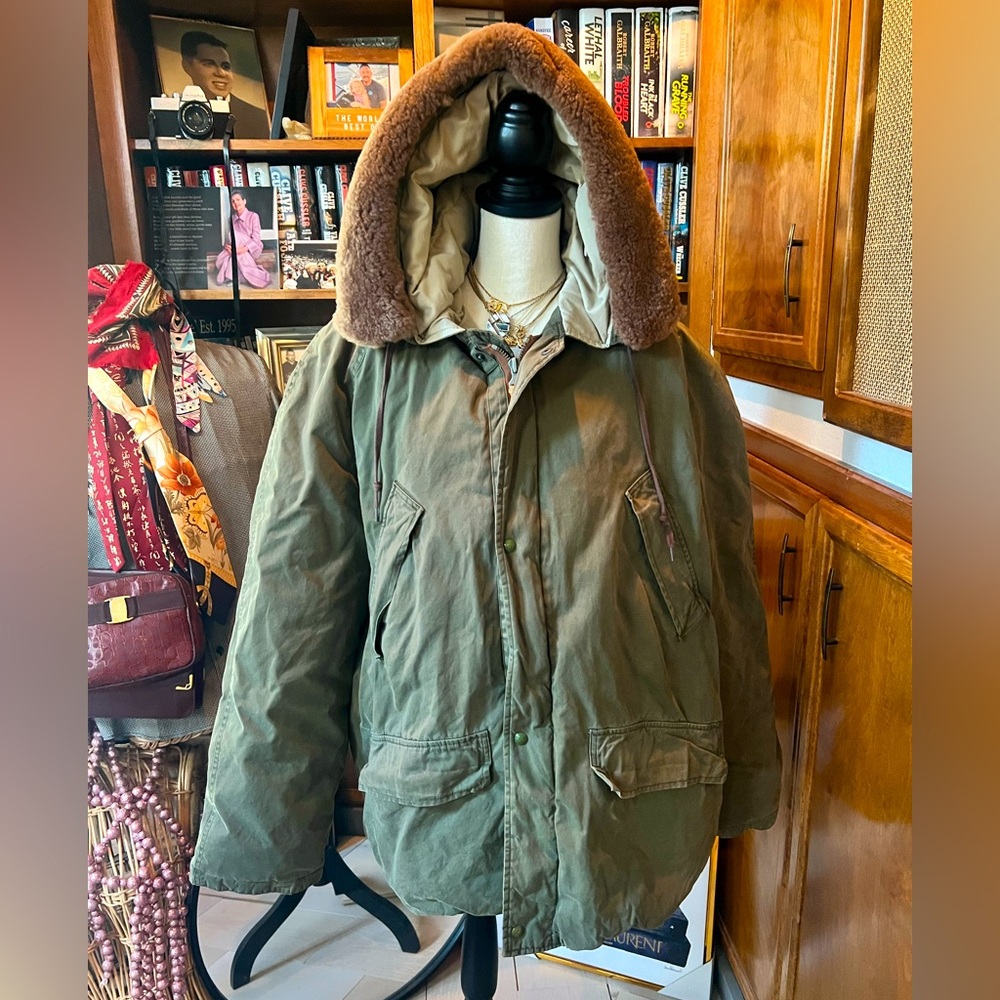 SOLD ——POLO By Ralph Lauren Down filled Khaki coat w a dyed lambskin fur collar. - Picture 1 of 13